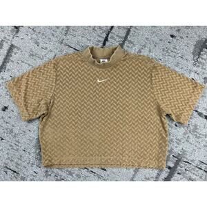 Nike Vintage Tan Brown Latte Chevron Terry Tufted Mock Neck Short Sleeve M